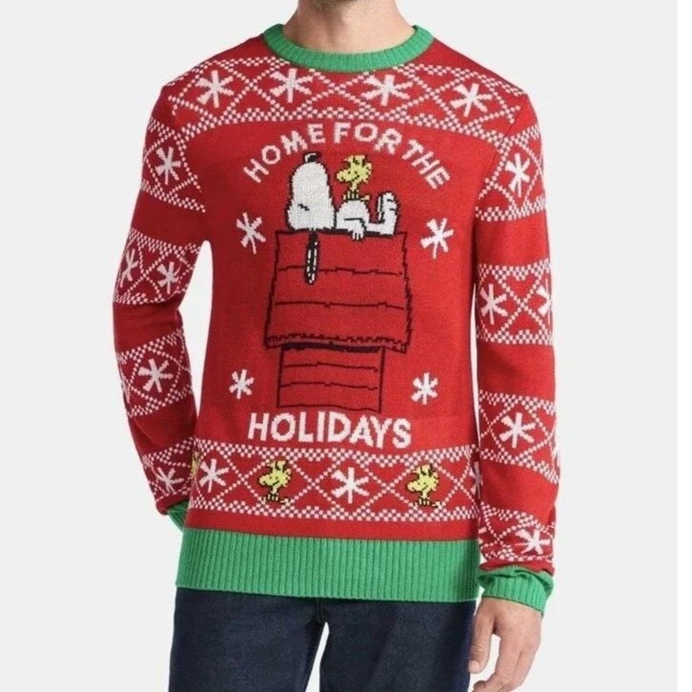 Peanuts Snoopy Woodstock Home For The Holidays Christmas Sweater Mens XL Red